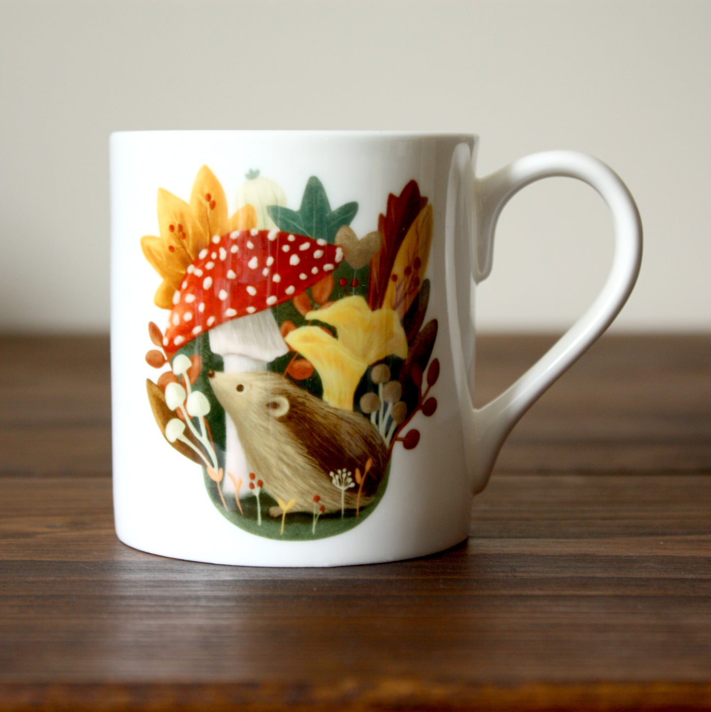 Hedgehog & Mushroom Illustrated Bone China Mug (Double Sided)