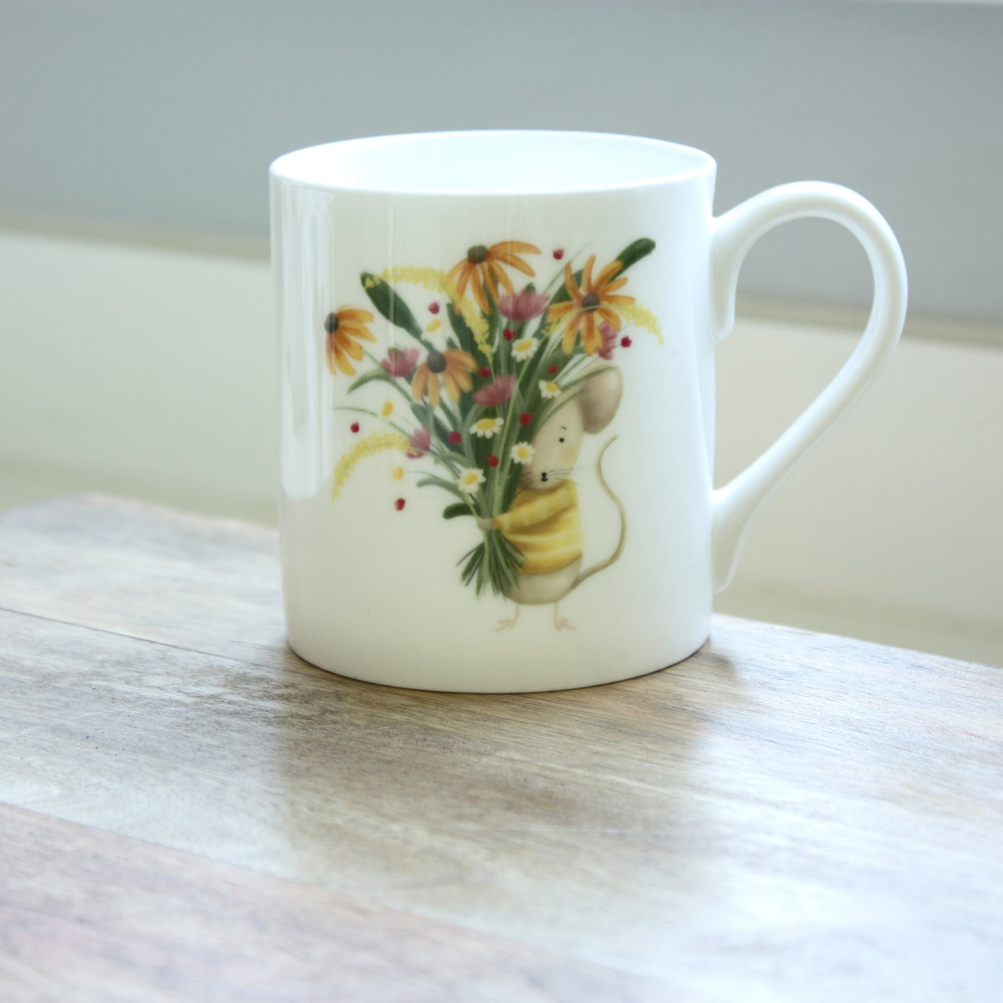 Mouse & Flowers Illustrated Bone China Mug (Double Sided)