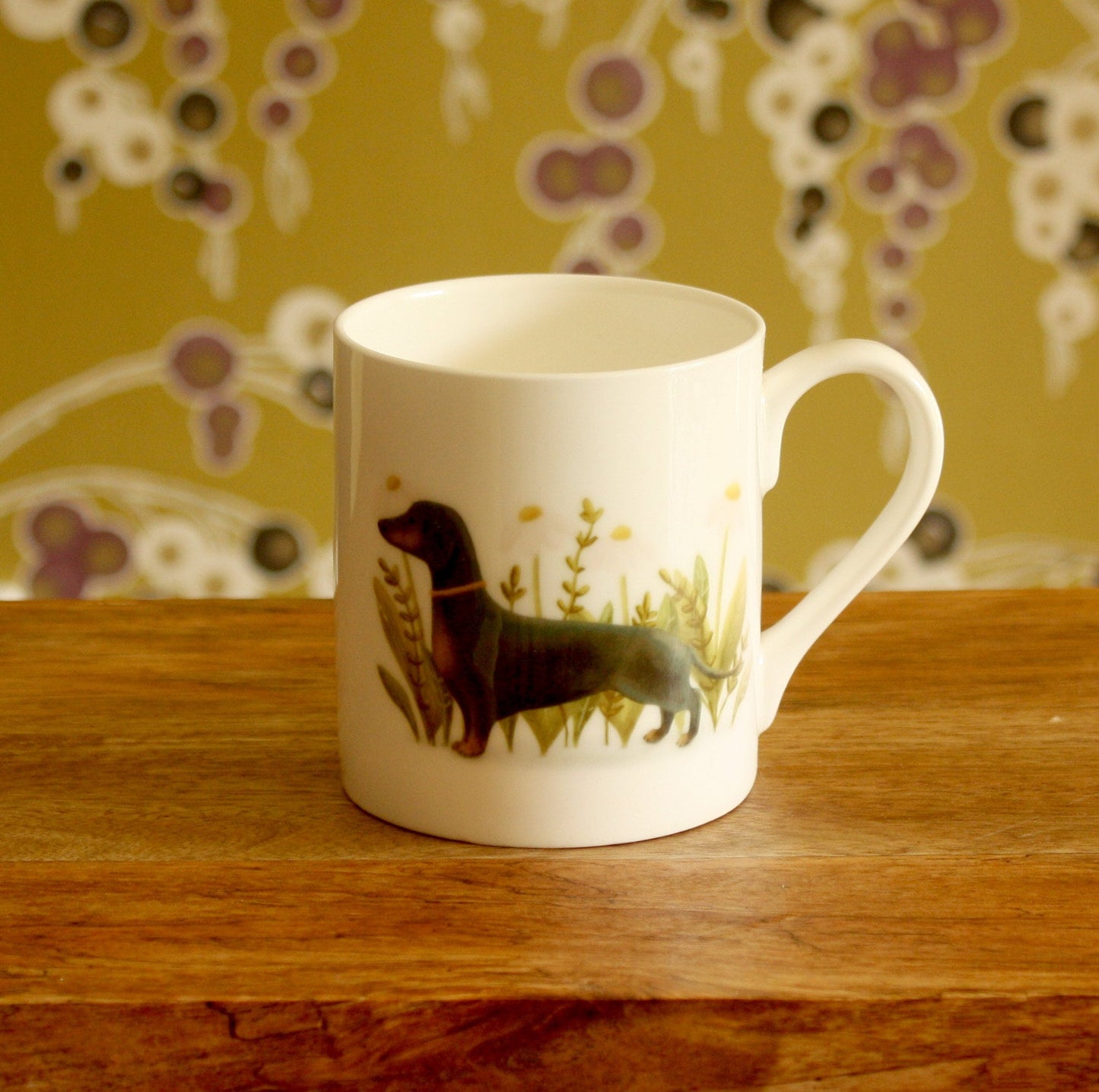 Sausage dog mug, daschund mug, bone china mug (double sided), dog lover gift, new home, gift, flowers